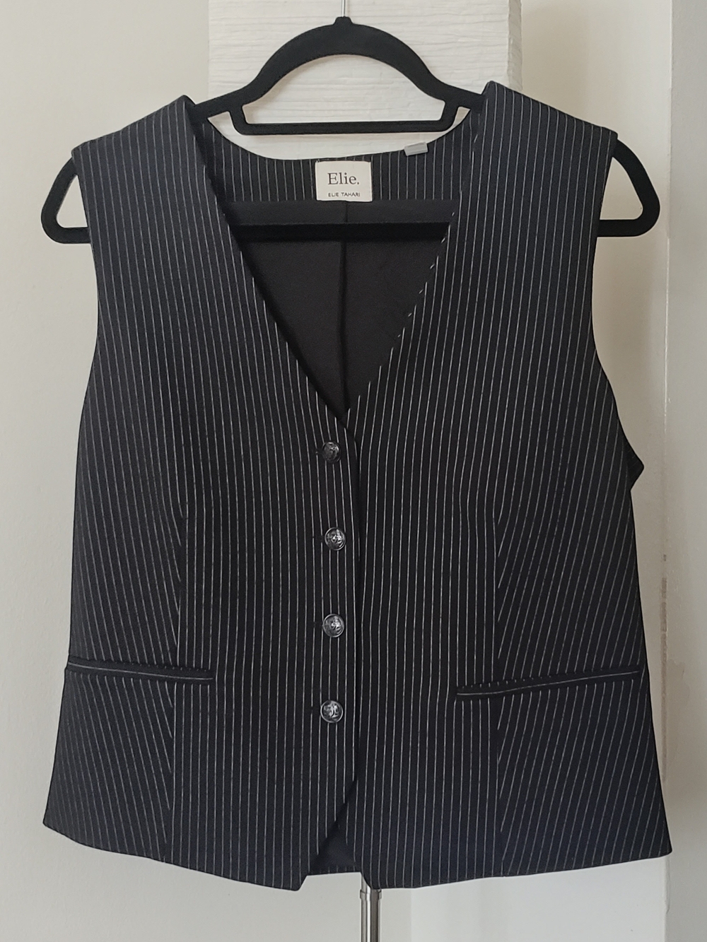 Elie Tahari Black Pinstripe V-Neck Tailored Vest Large L